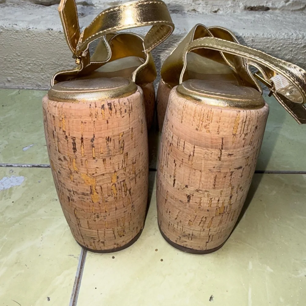 Schutz‎ Gold Platform Sandals Cork Block Heel Disco Glam Boho- 7.5